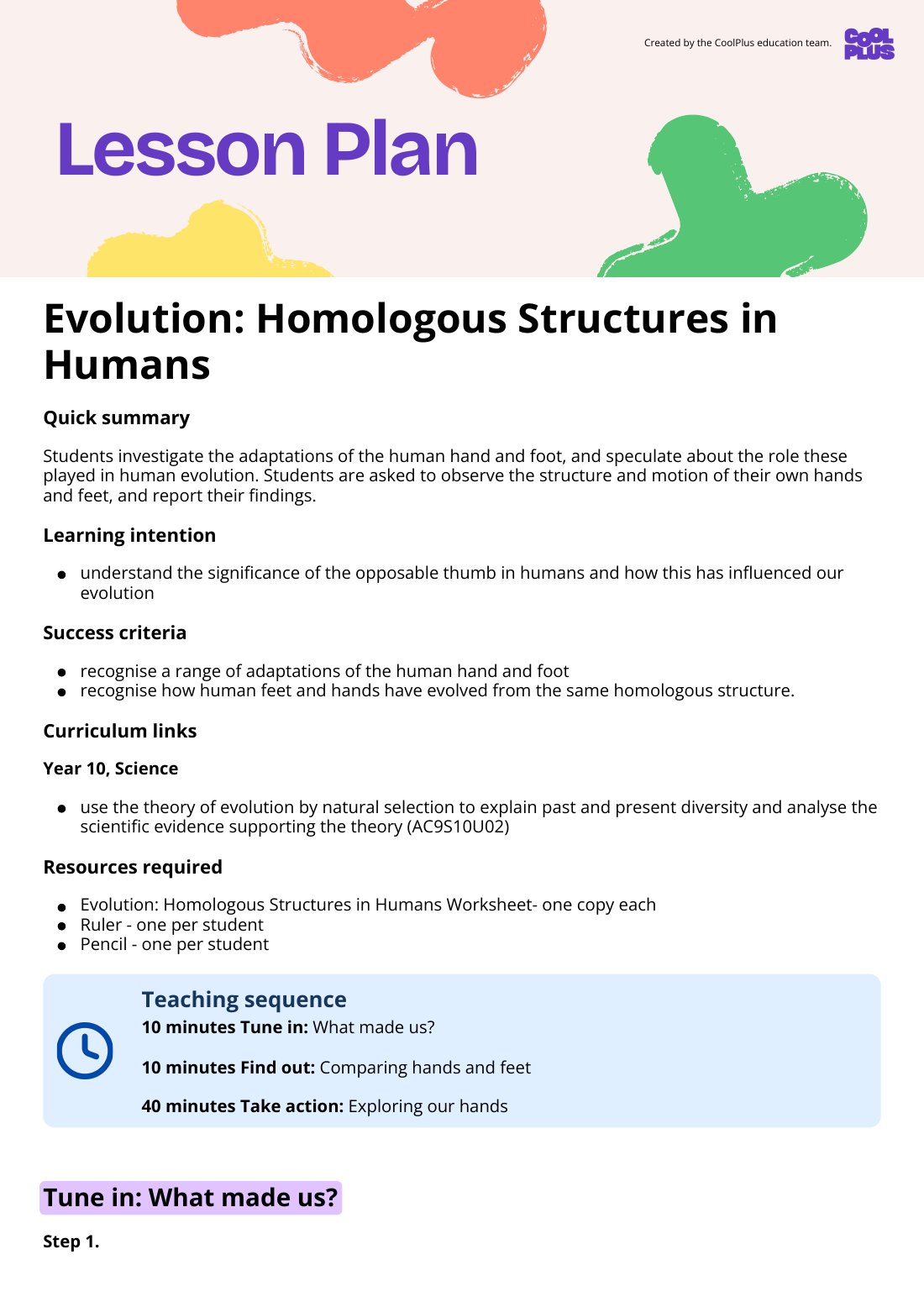 First page of Evolution: Homologous Structures in Humans Lesson Plan
