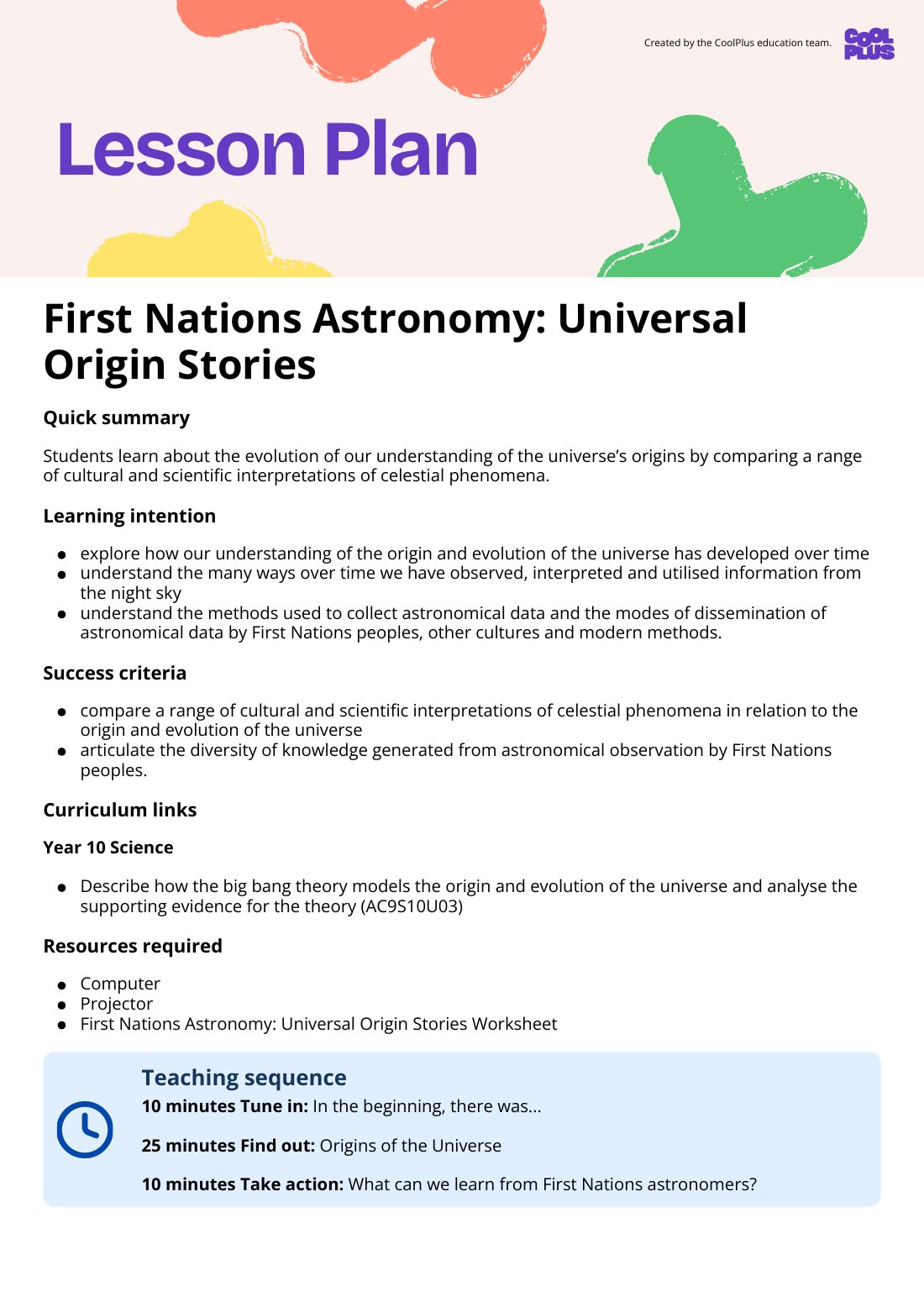 First page of First Nations Astronomy: Universal Origin Stories Lesson Plan