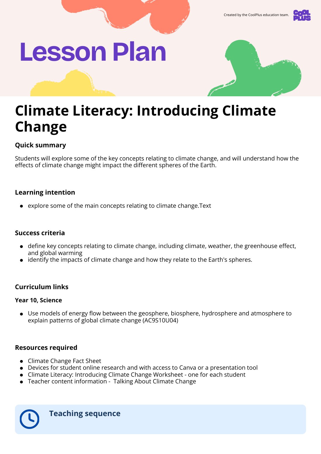 First page of Climate Literacy: Introducing Climate Change Lesson Plan