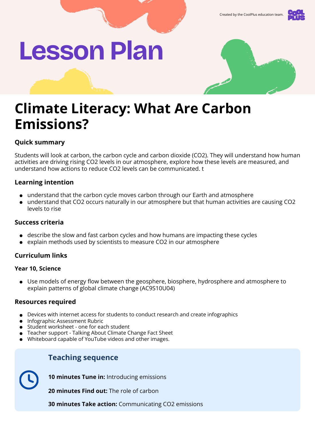 First page of Climate Literacy: What Are Carbon Emissions? Lesson Plan