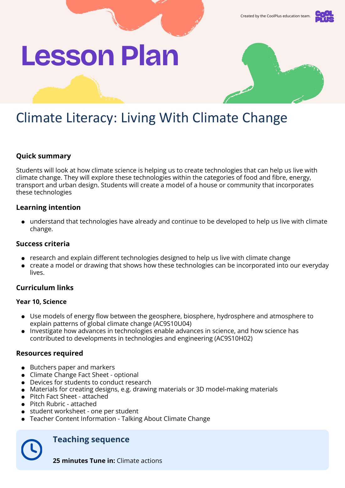 First page of Climate Literacy: Living With Climate Change Lesson Plan