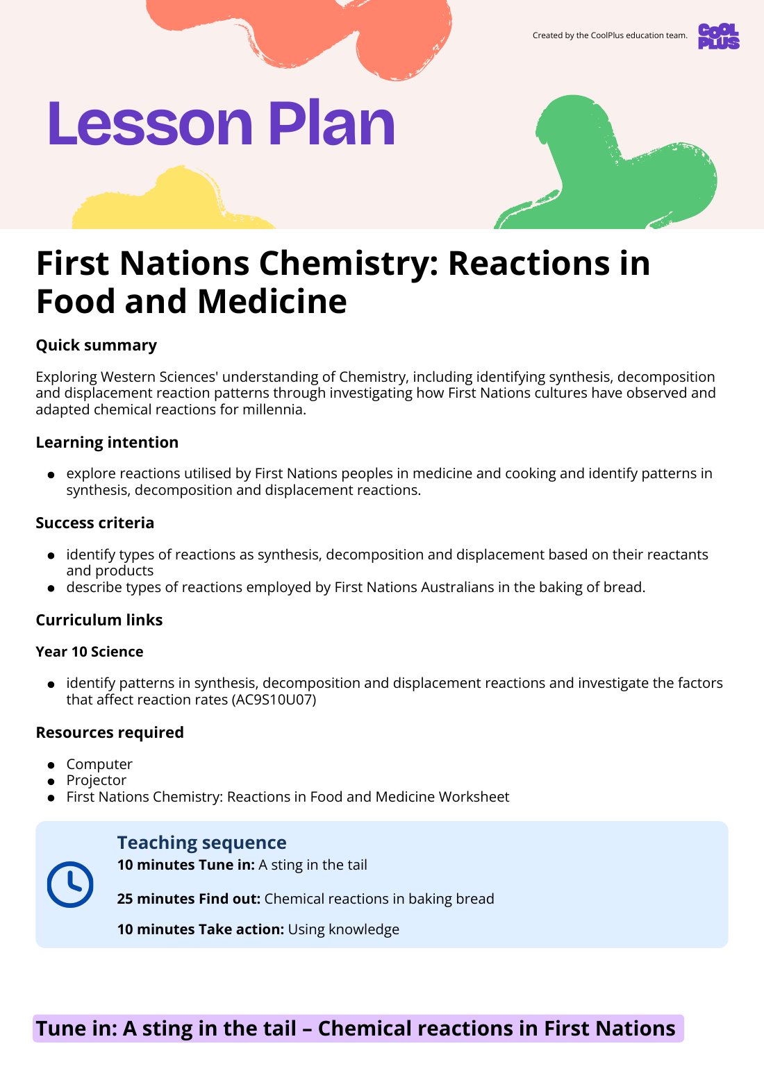 First page of First Nations Chemistry: Reactions in Food and Medicine Lesson Plan