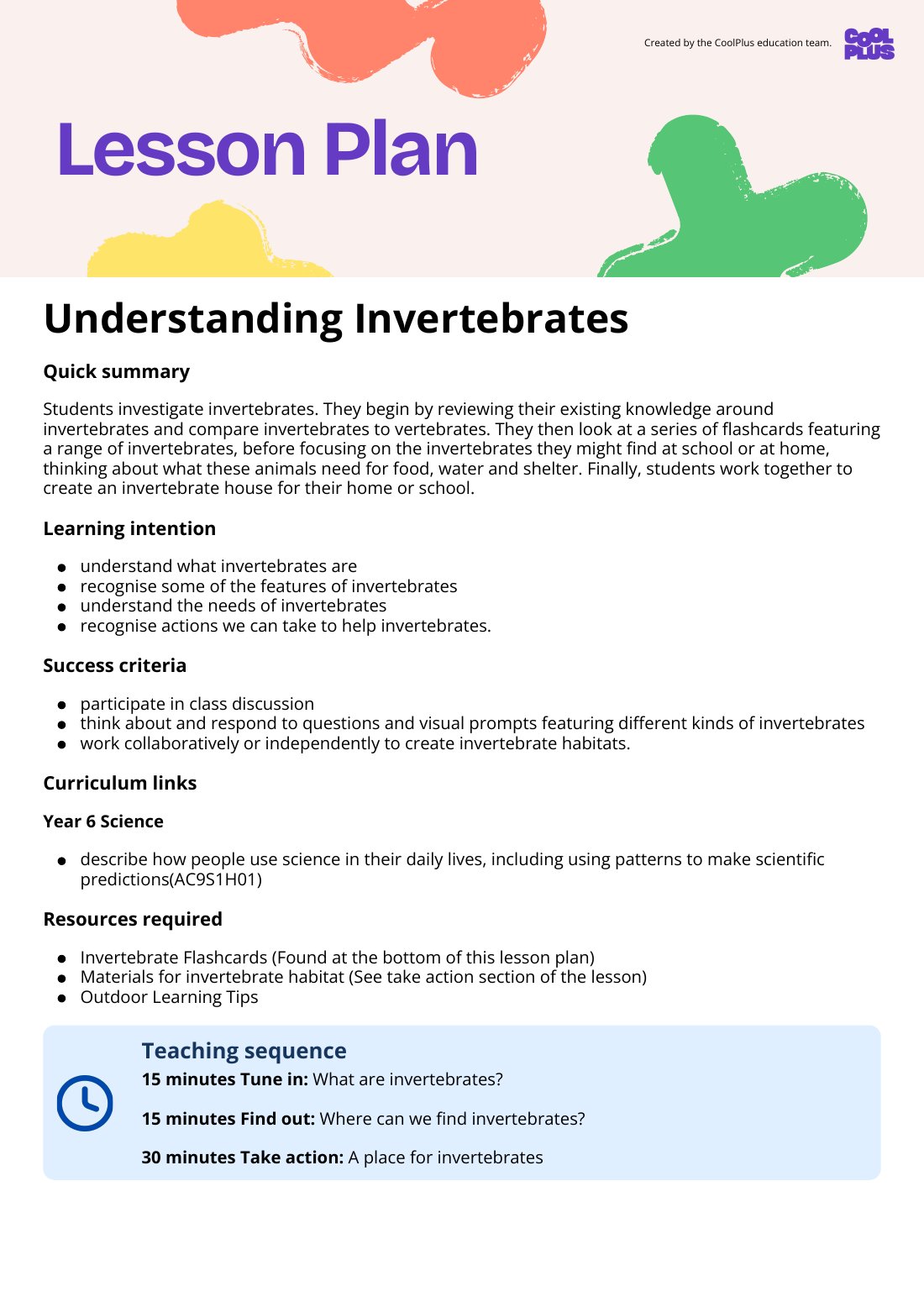 First page of Understanding Invertebrates Lesson Plan