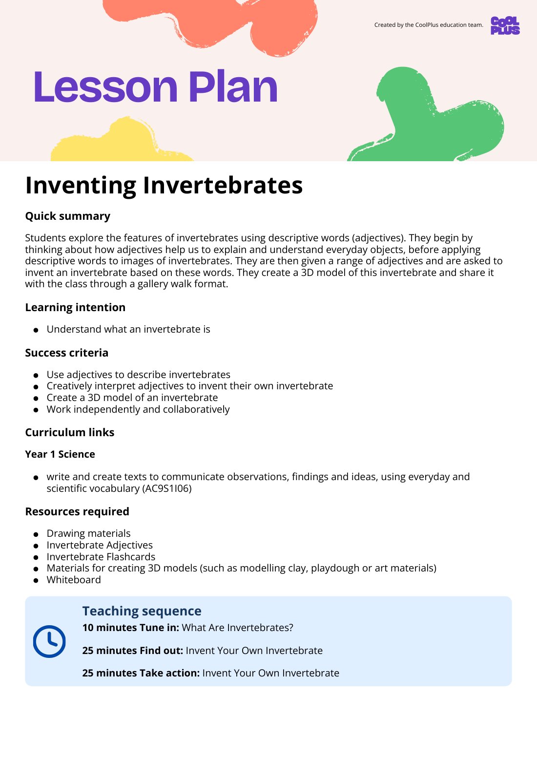 First page of Inventing Invertebrates Lesson Plan