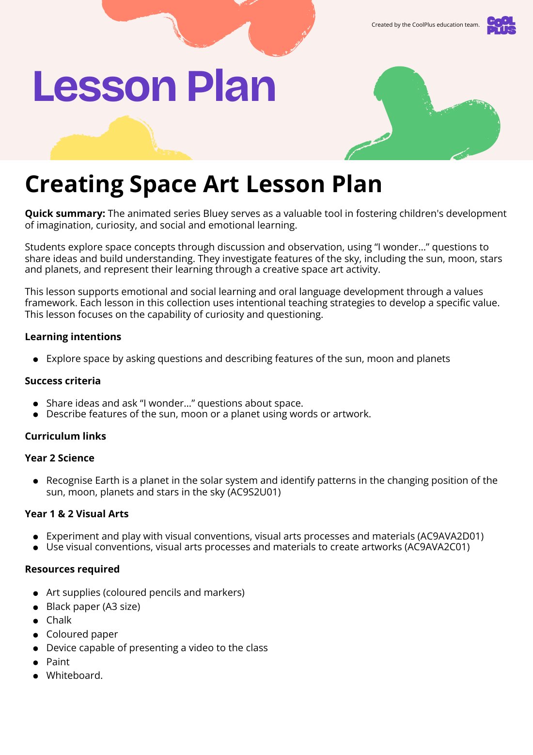First page of Creating Space Art Lesson Plan