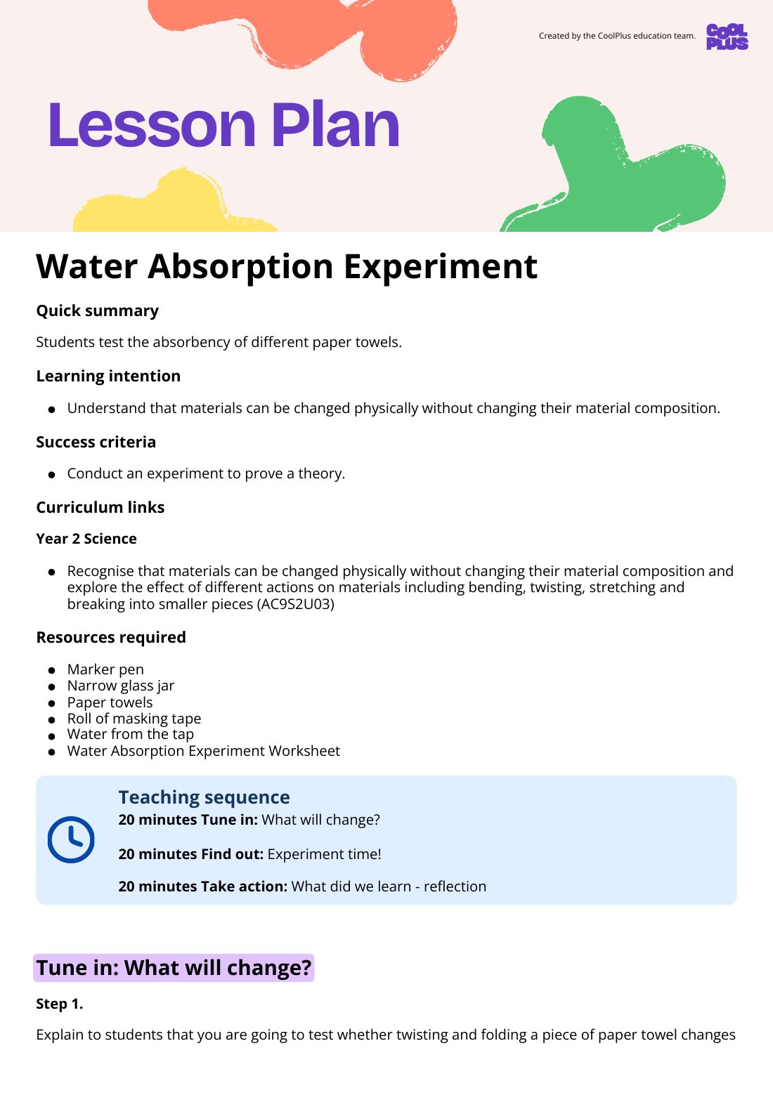 First page of Water Absorpbtion Experiment Lesson Plan