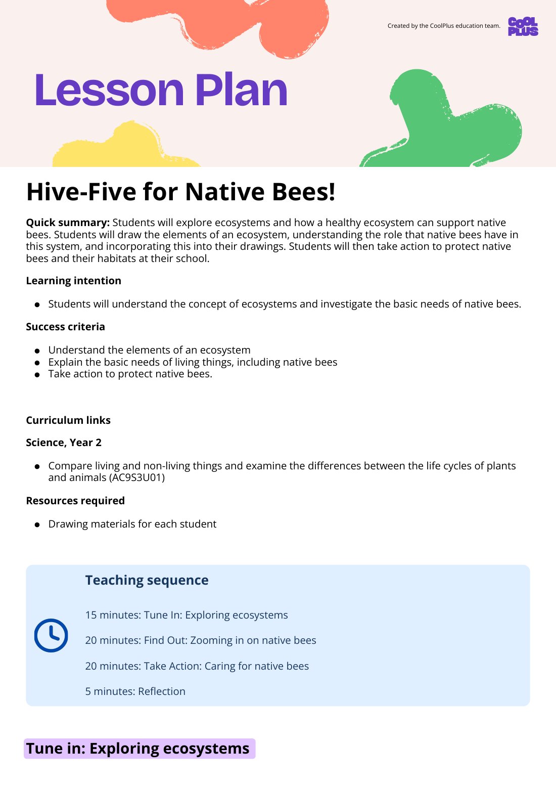 First page of Hive-Five for Native Bees Lesson Plan