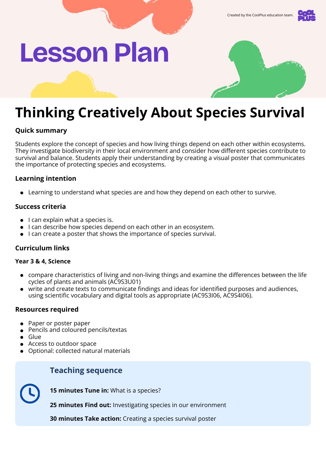 First page of Thinking Creatively about Species Survival Lesson Plan