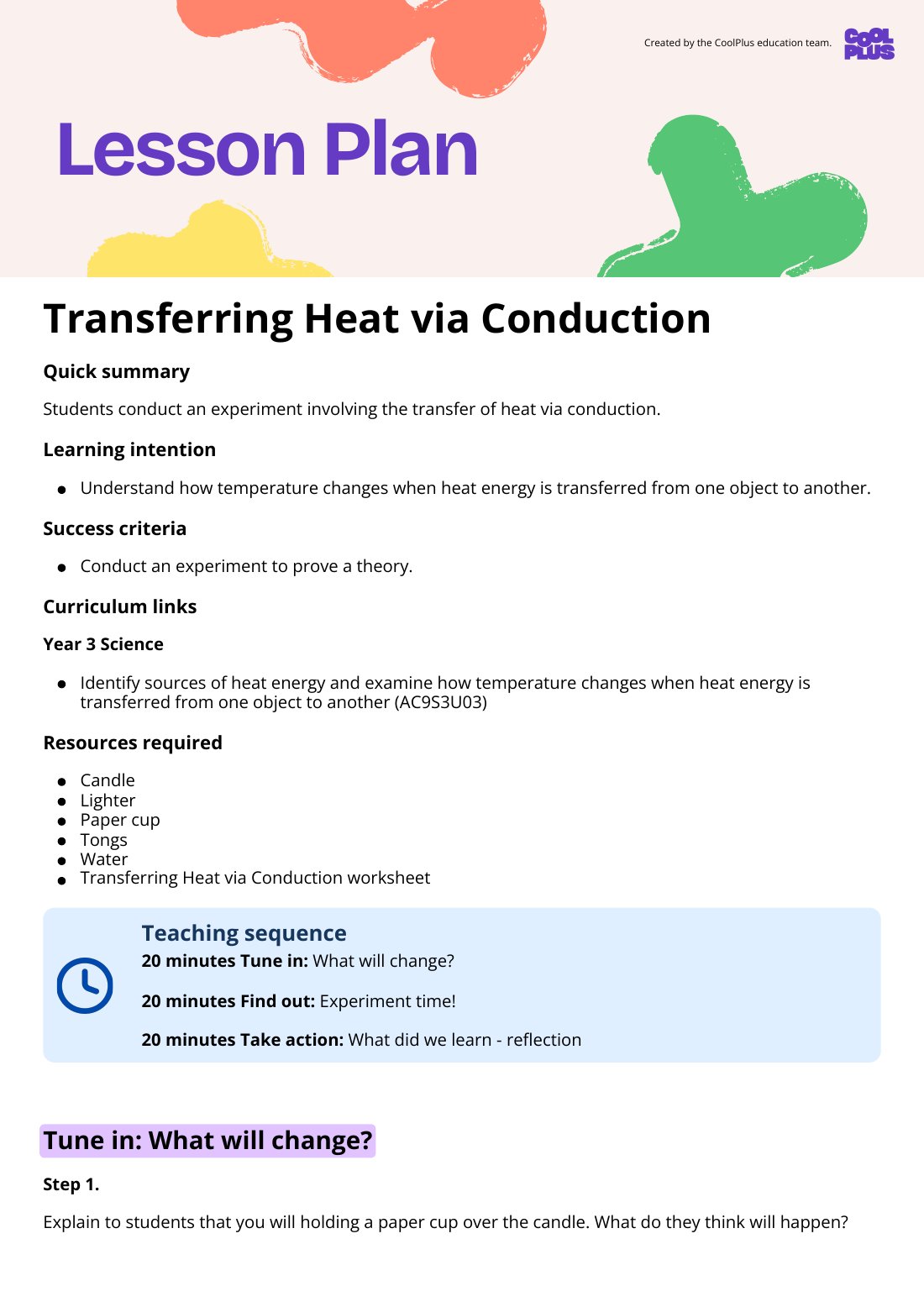 First page of Transferring Heat via Conduction Lesson Plan