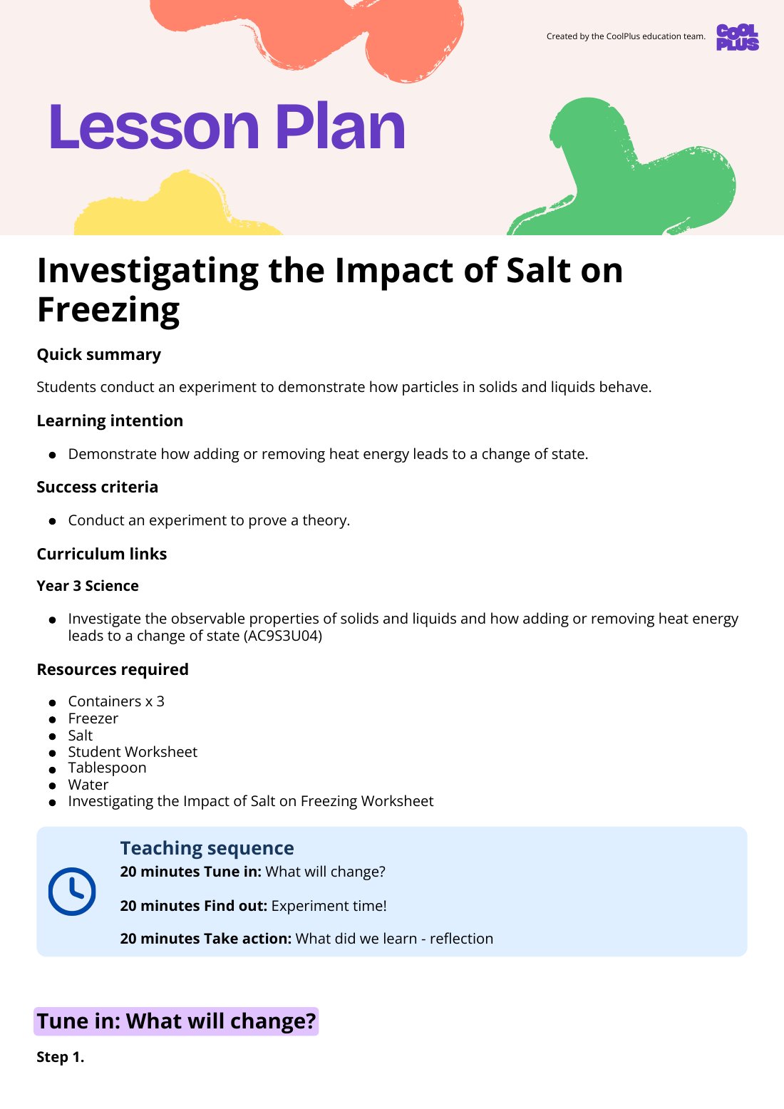 First page of Investigating the Impact of Salt on Freezing Lesson Plan