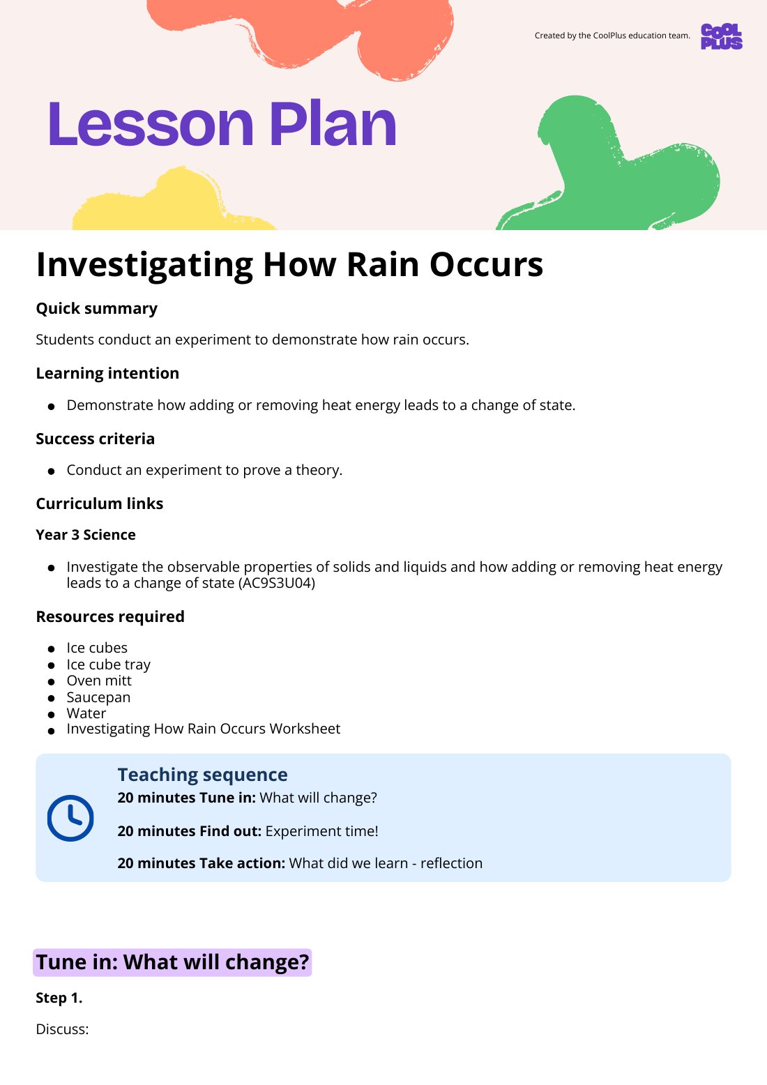 First page of Investigating How Rain Occurs Lesson Plan