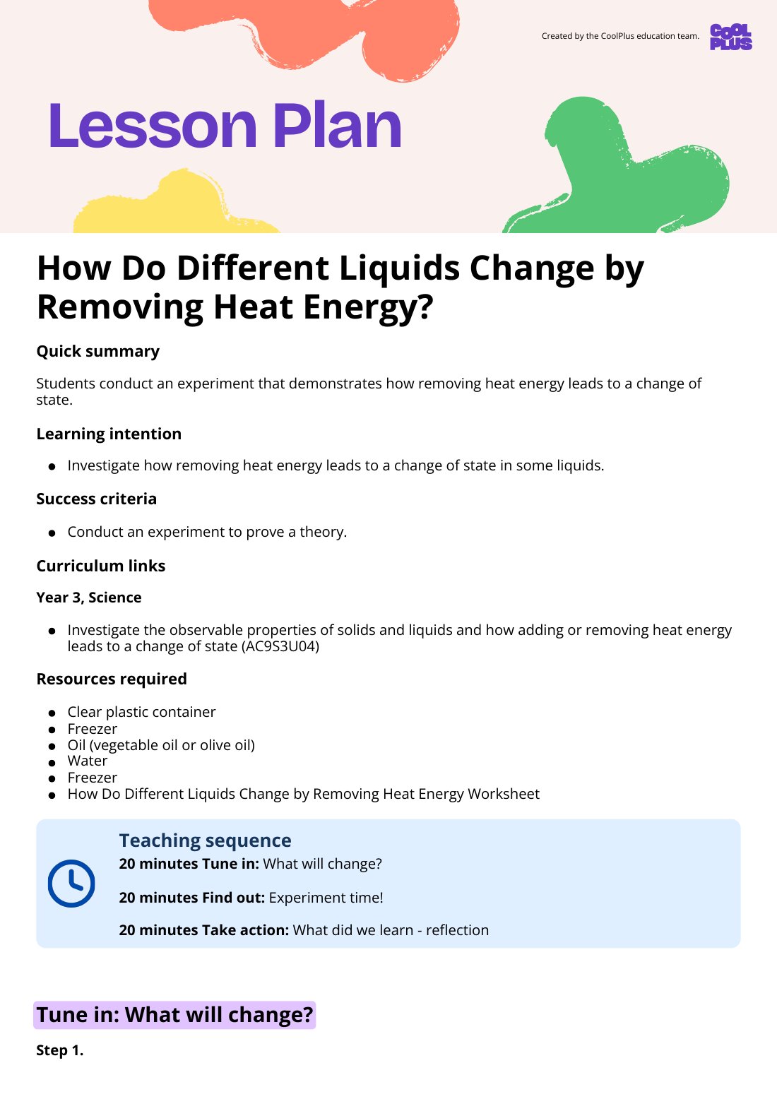 First page of How Do Different Liquids Change by Removing Heat Energy? Lesson Plan