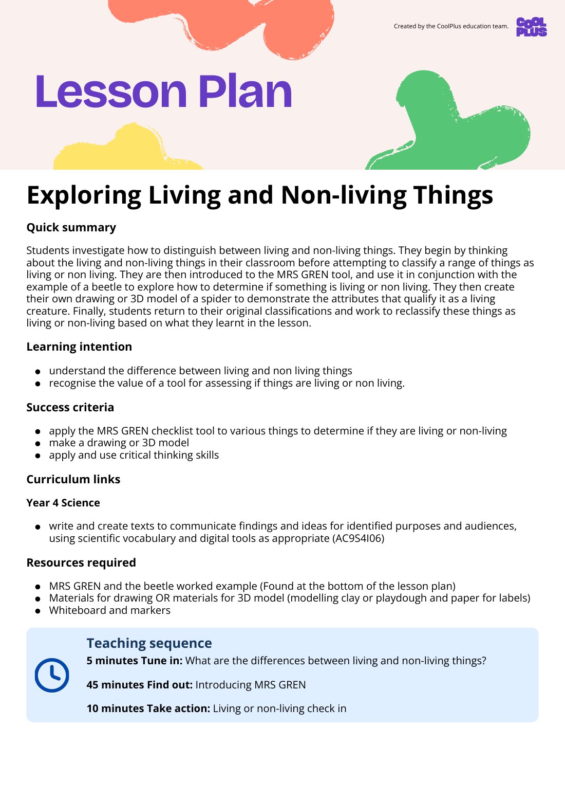 First page of Exploring Living and Non-living Things: lesson plan