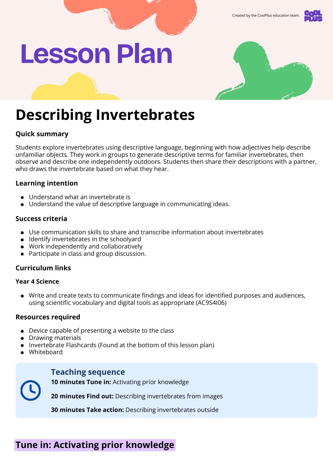 First page of Describing Invertebrates Lesson Plan