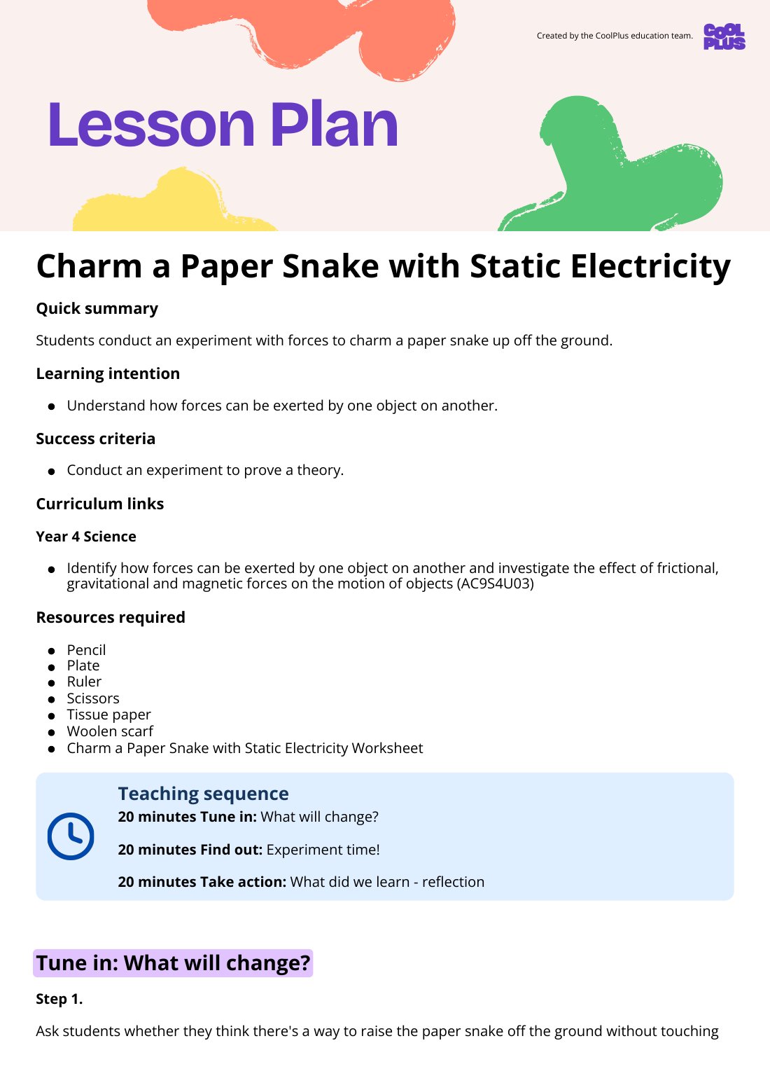 First page of Charm a Paper Snake with Static Electricity Lesson Plan