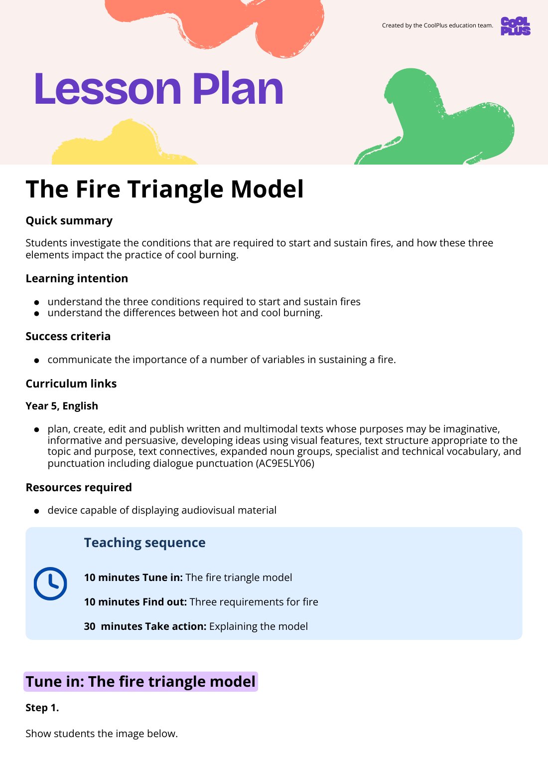 First page of The Fire Triangle Model Lesson Plan