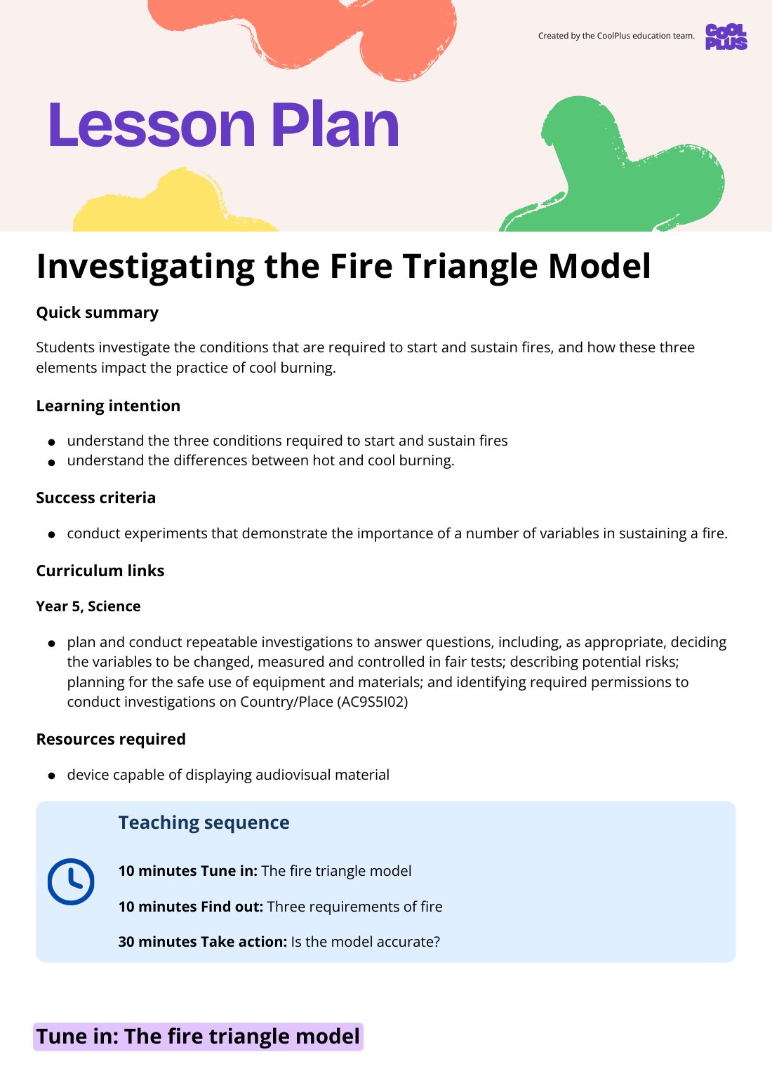 First page of Investigating the Fire Triangle Model Lesson Plan
