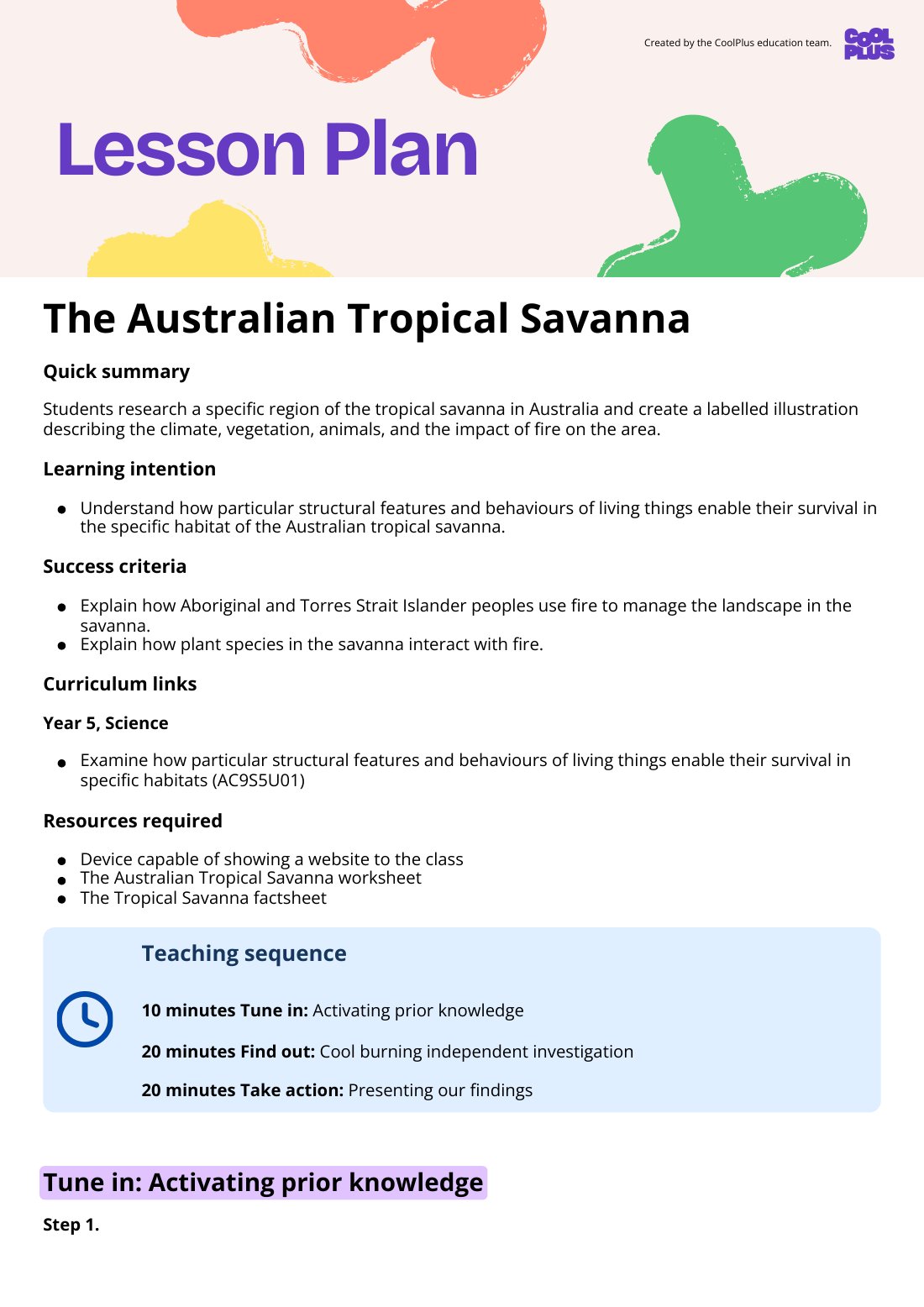 First page of The Australian Tropical Savanna Lesson Plan