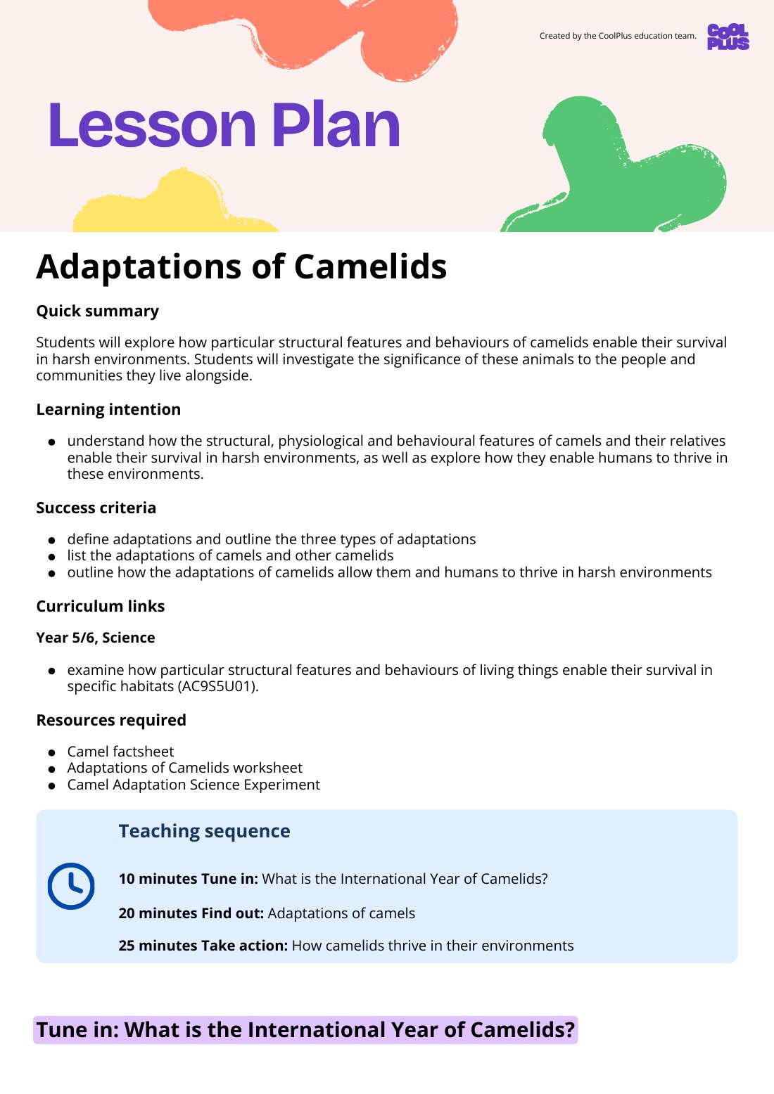 First page of Adaptations of Camelids Lesson Plan