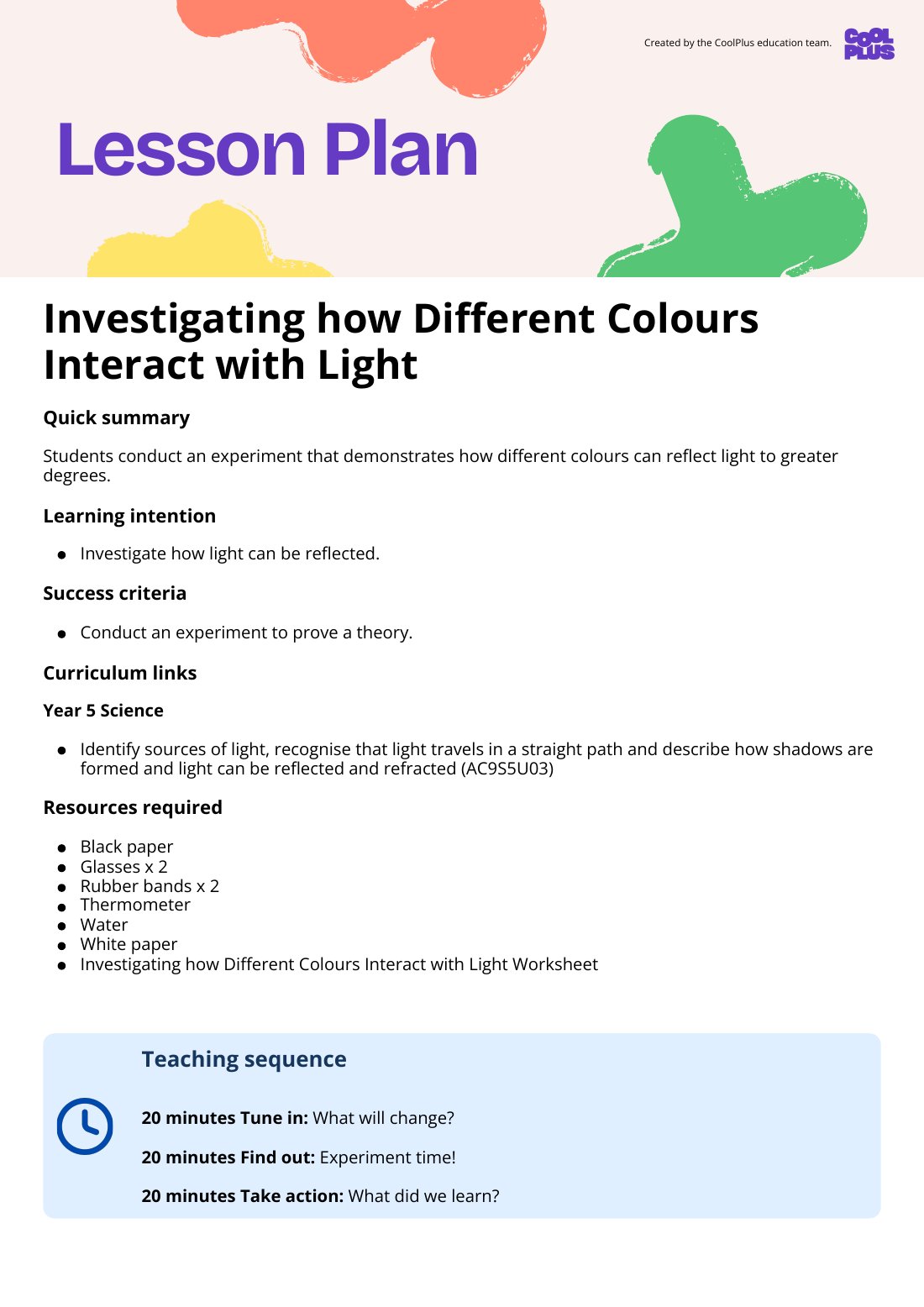First page of Investigating how Different Colours Interact with Light Lesson Plan