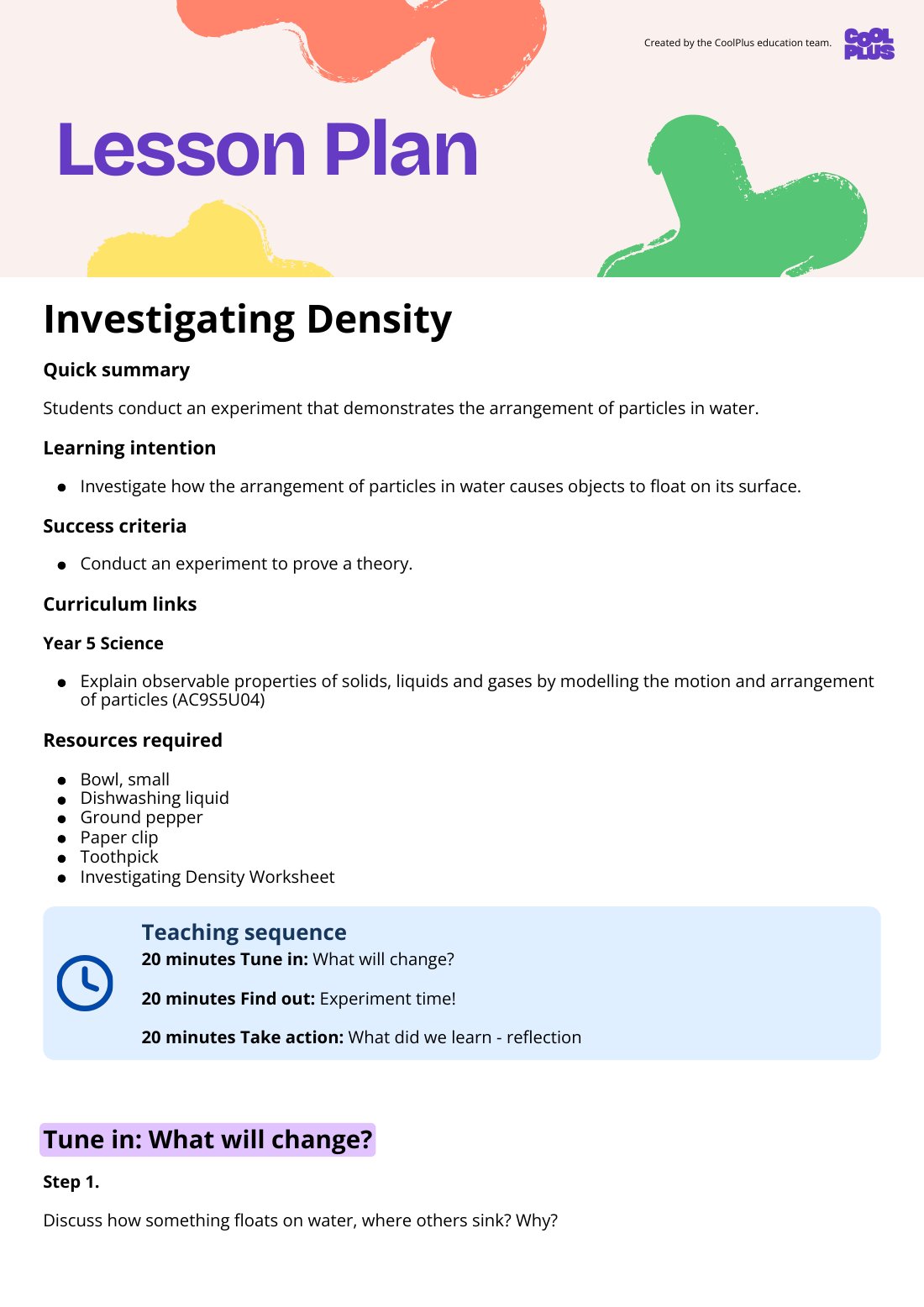First page of Investigating Density Lesson Plan