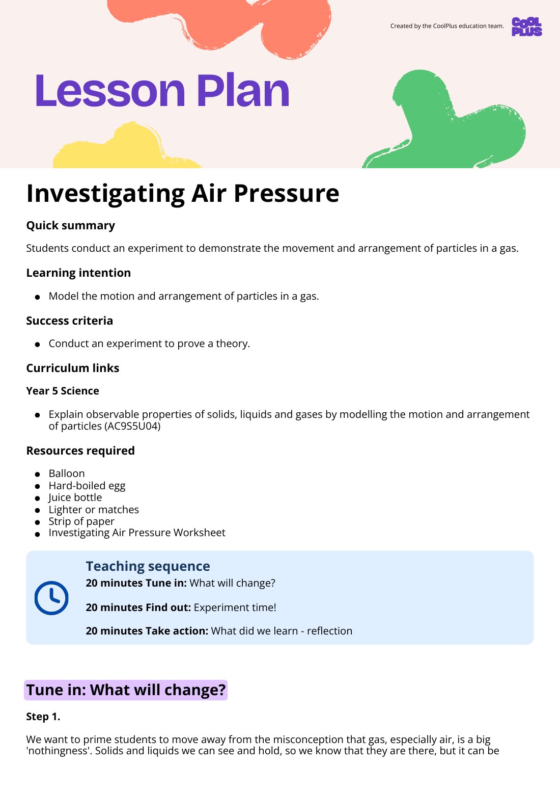 First page of Investigating Air Pressure Lesson Plan