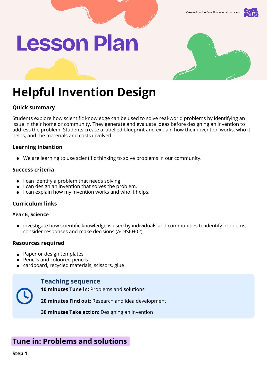 First page of Helpful Invention Design Lesson Plan