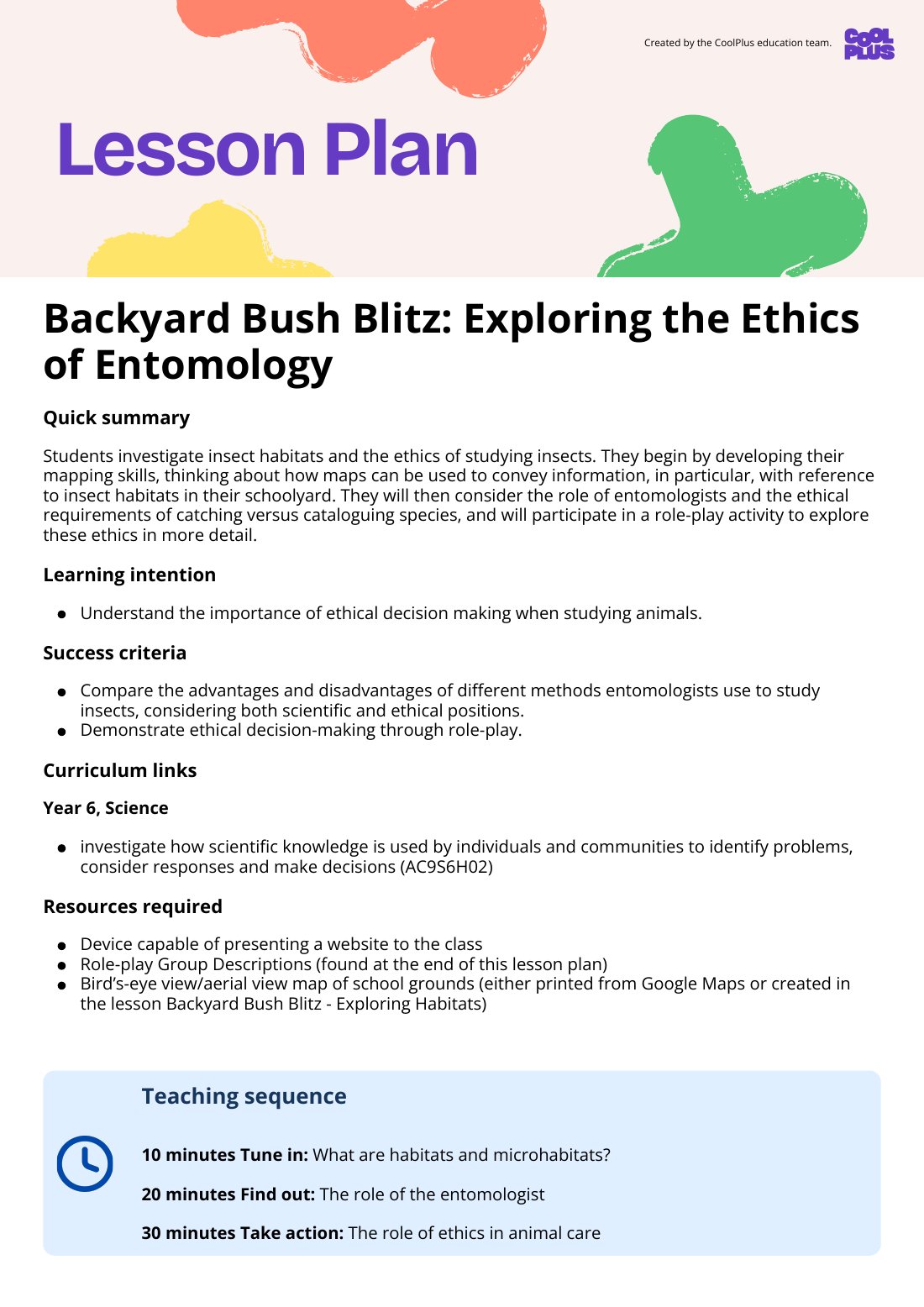 First page of Backyard Bush Blitz: Exploring the Ethics of Entomology Lesson Plan