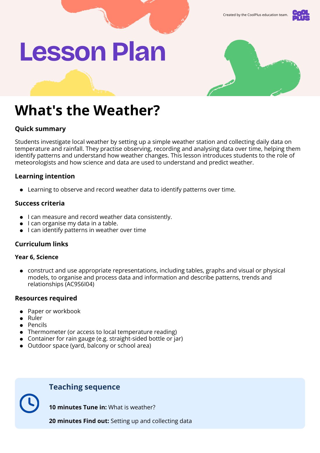 First page of Whats the Weather? Lesson Plan