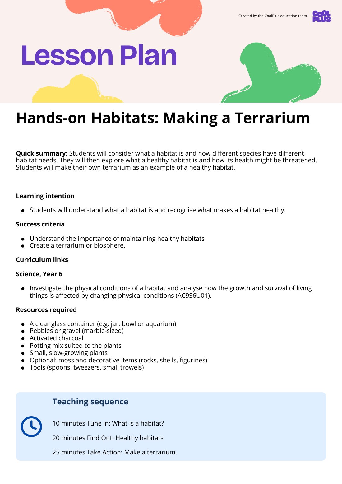 First page of Hands-on Habitats: Making a Terrarium Lesson Plan