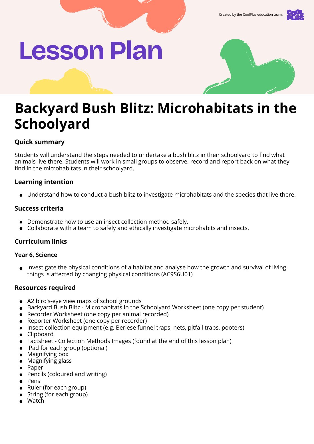 First page of Backyard Bush Blitz: Microhabitats in the Schoolyard Lesson Plan