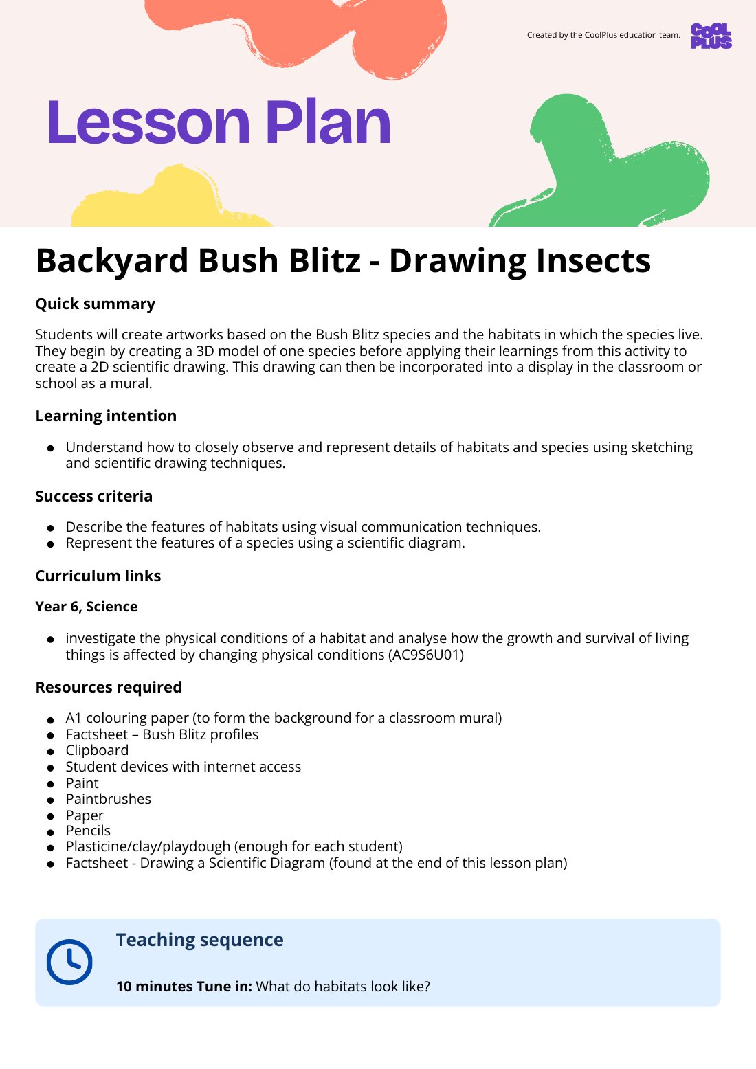First page of Backyard Bush Blitz - Drawing Insects Lesson Plan
