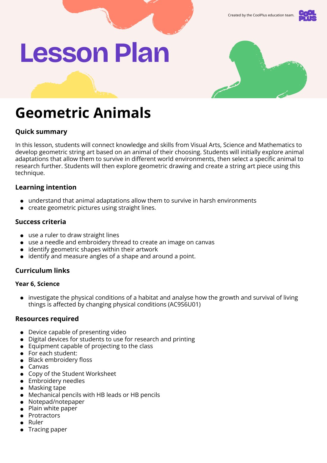 First page of Geometric Animals Lesson Plan