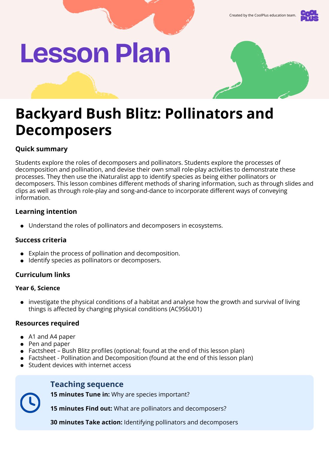 First page of Backyard Bush Blitz: Pollinators and Decomposers Lesson Plan
