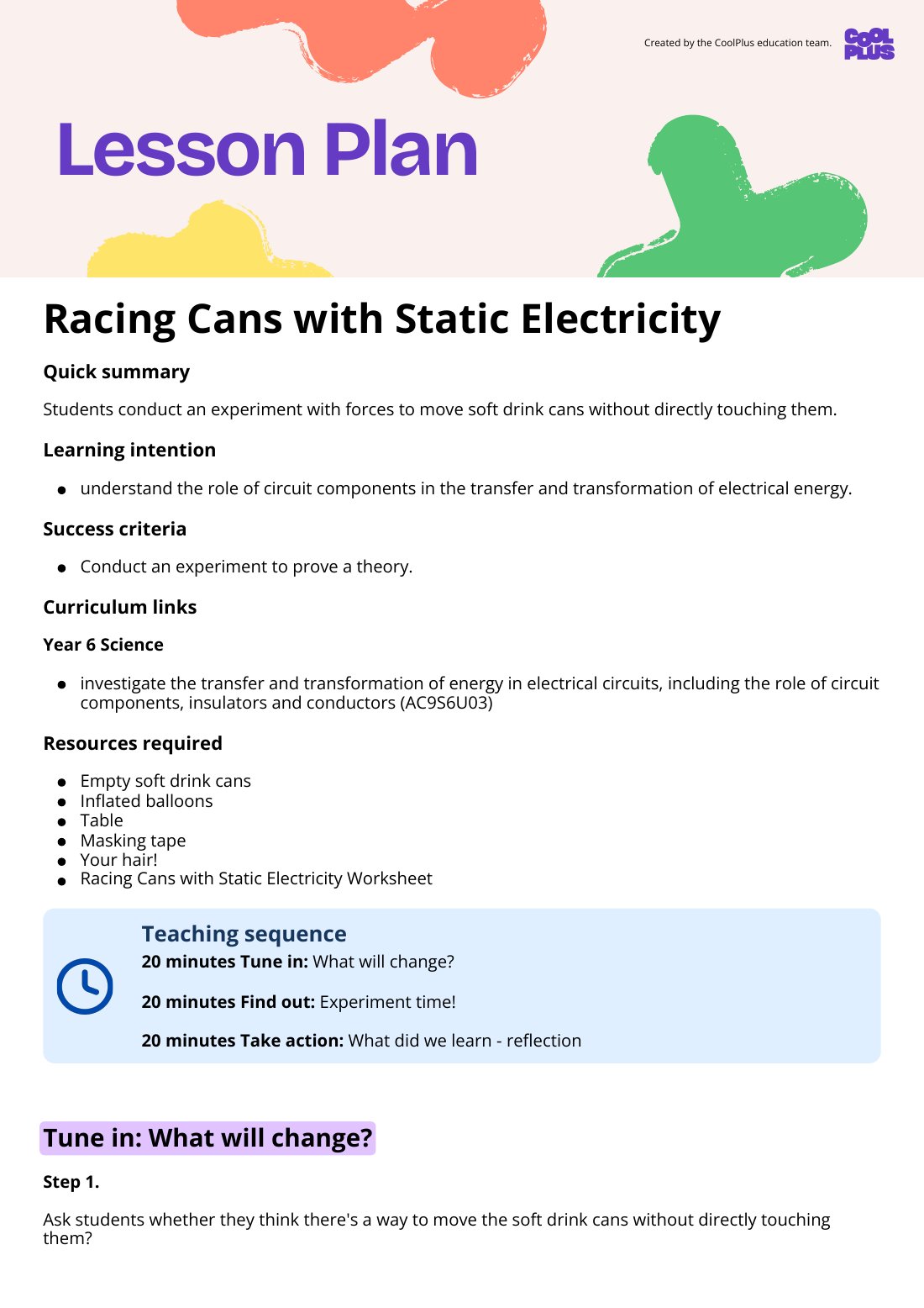 First page of Racing Cans with Static Electricity Lesson Plan
