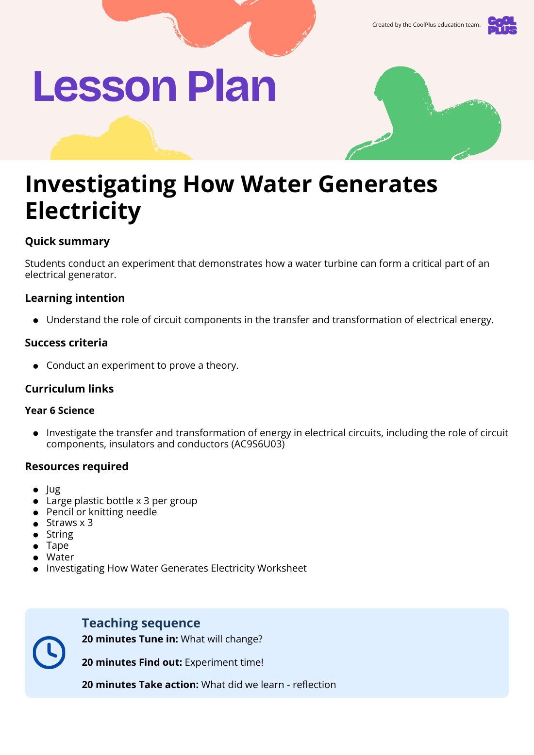 First page of Investigating How Water Generates Electricity Lesson Plan