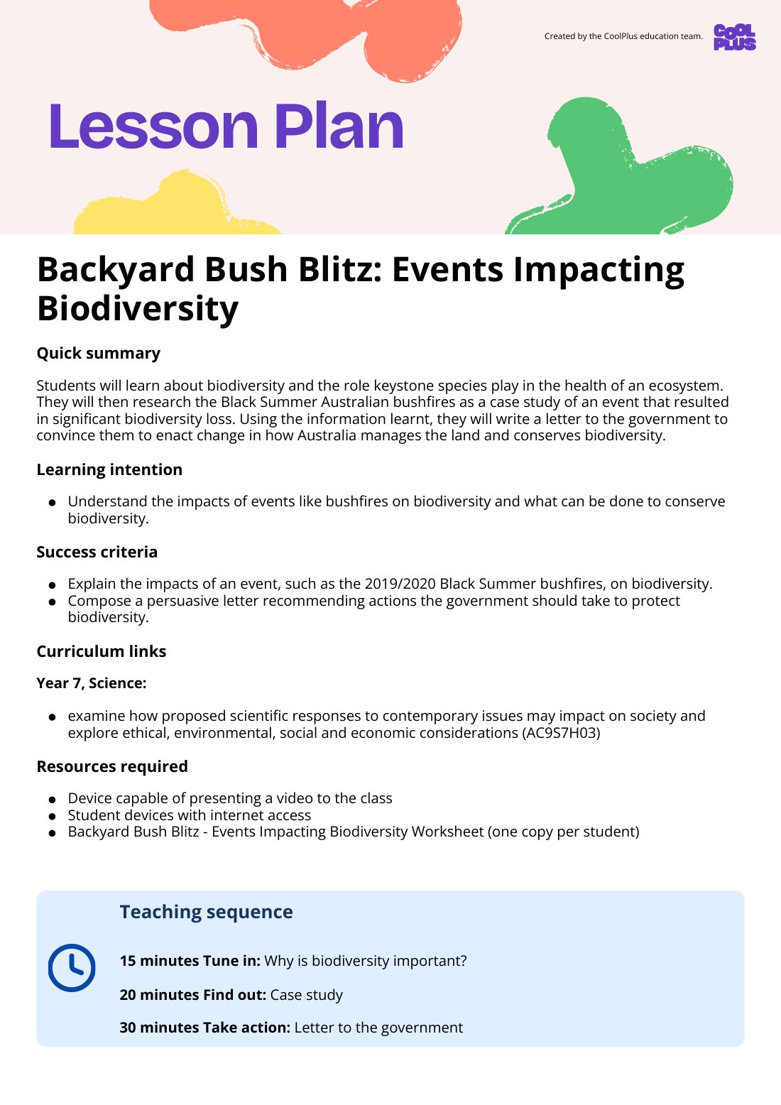 First page of Backyard Bush Blitz: Events Impacting Biodiversity Lesson Plan