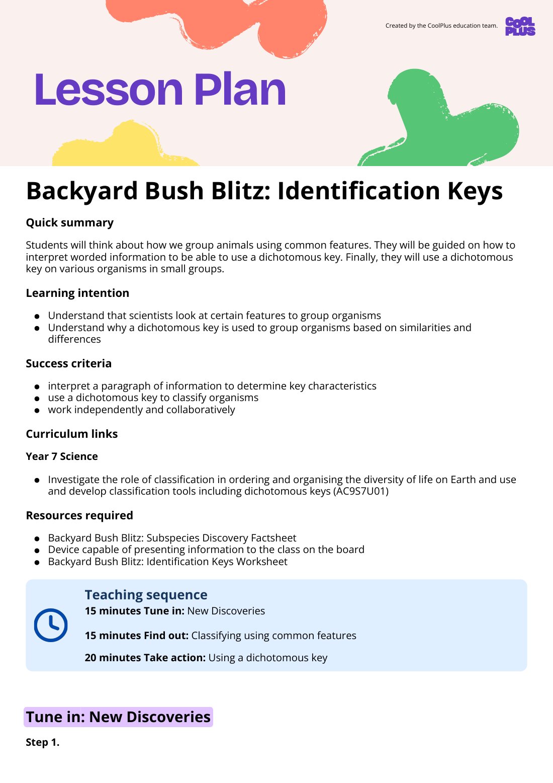 First page of Backyard Bush Blitz: Identification Keys Lesson Plan