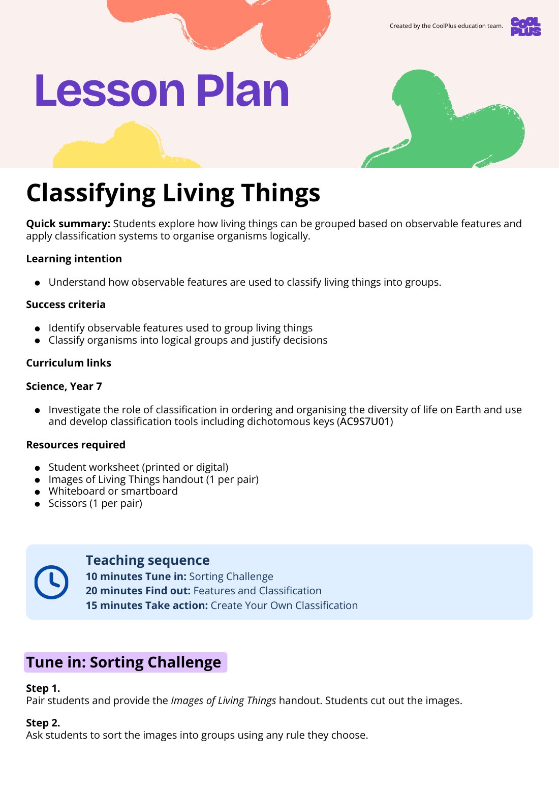 First page of Classifying Living Things Lesson Plan