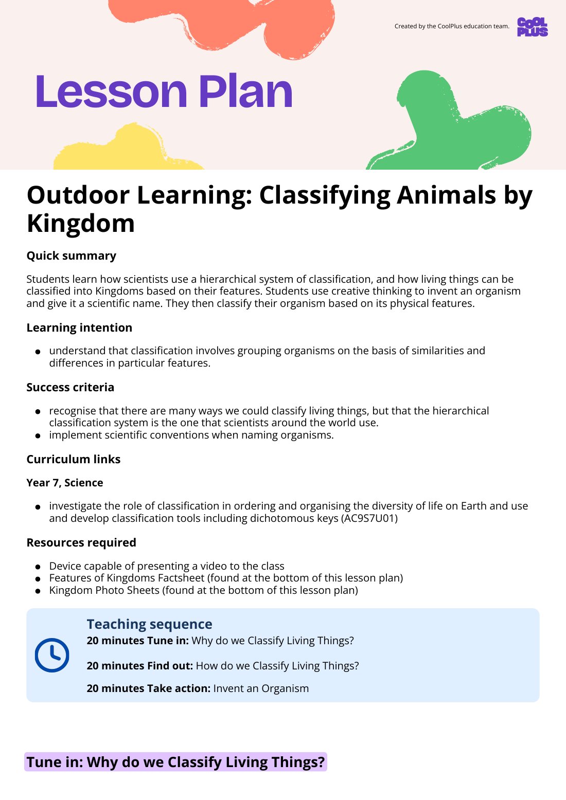 First page of Outdoor Learning: Classifying Animals by Kingdom Lesson Plan