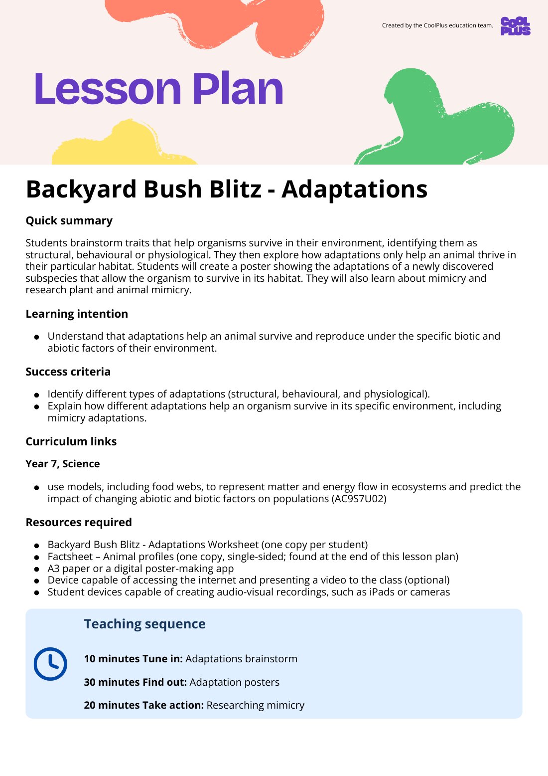First page of Backyard Bush Blitz: Adaptations Lesson Plan