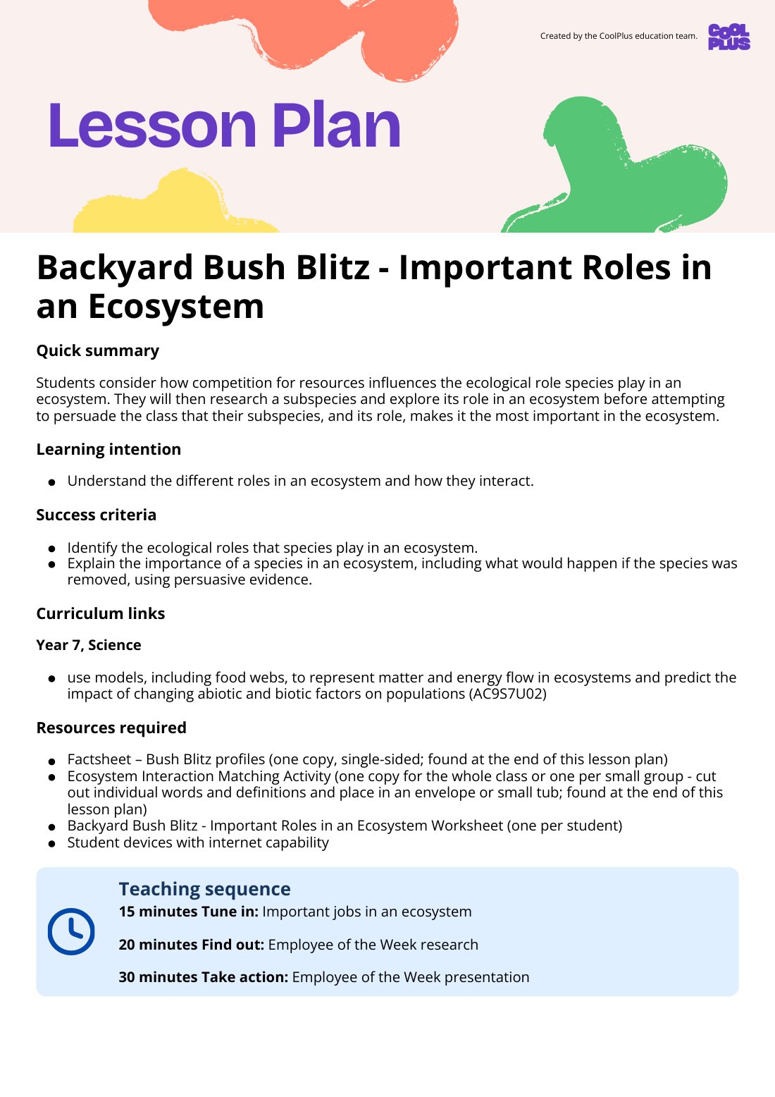 First page of Backyard Bush Blitz: Important Roles in an Ecosystem Lesson Plan
