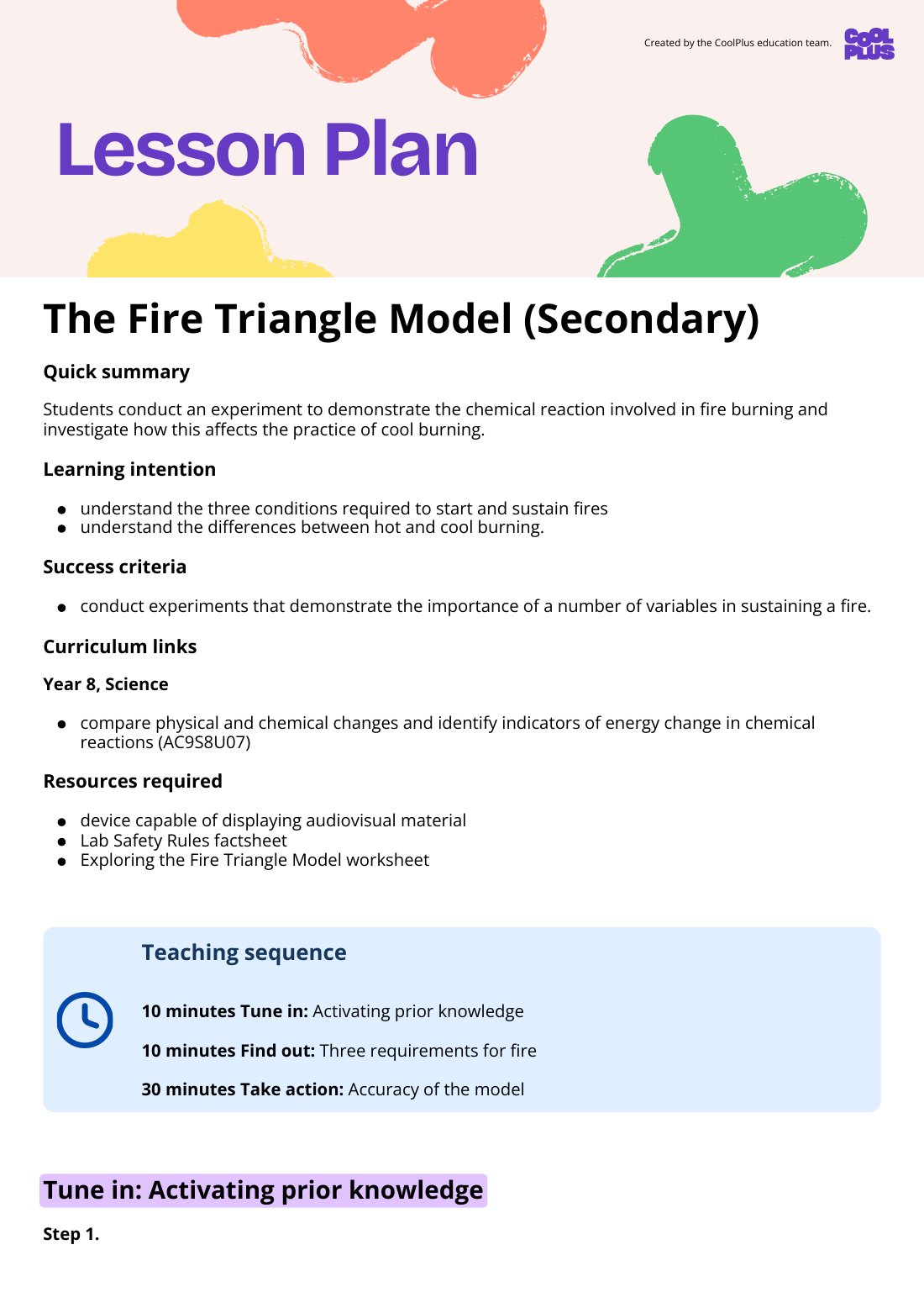 First page of The Fire Triangle Model Secondary Lesson Plan