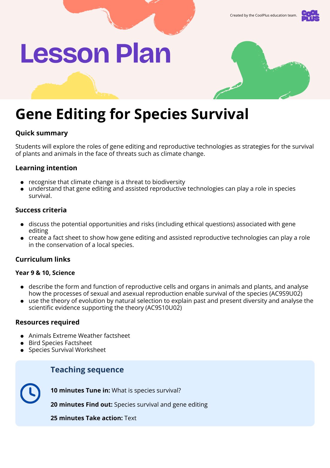 First page of Gene Editing for Species Survival Lesson Plan