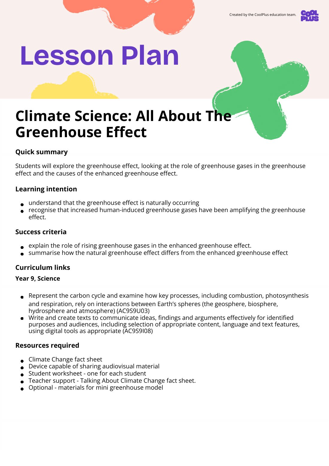 First page of Climate Science: All About The Greenhouse Effect Lesson Plan