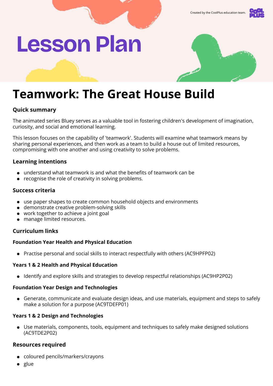 First page of Teamwork: The Great House Build Lesson Plan