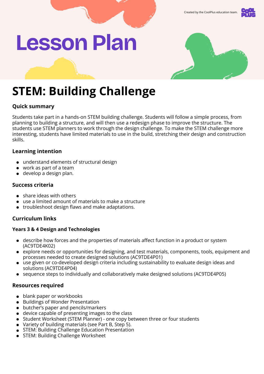 First page of STEM: Building Challenge Lesson Plan