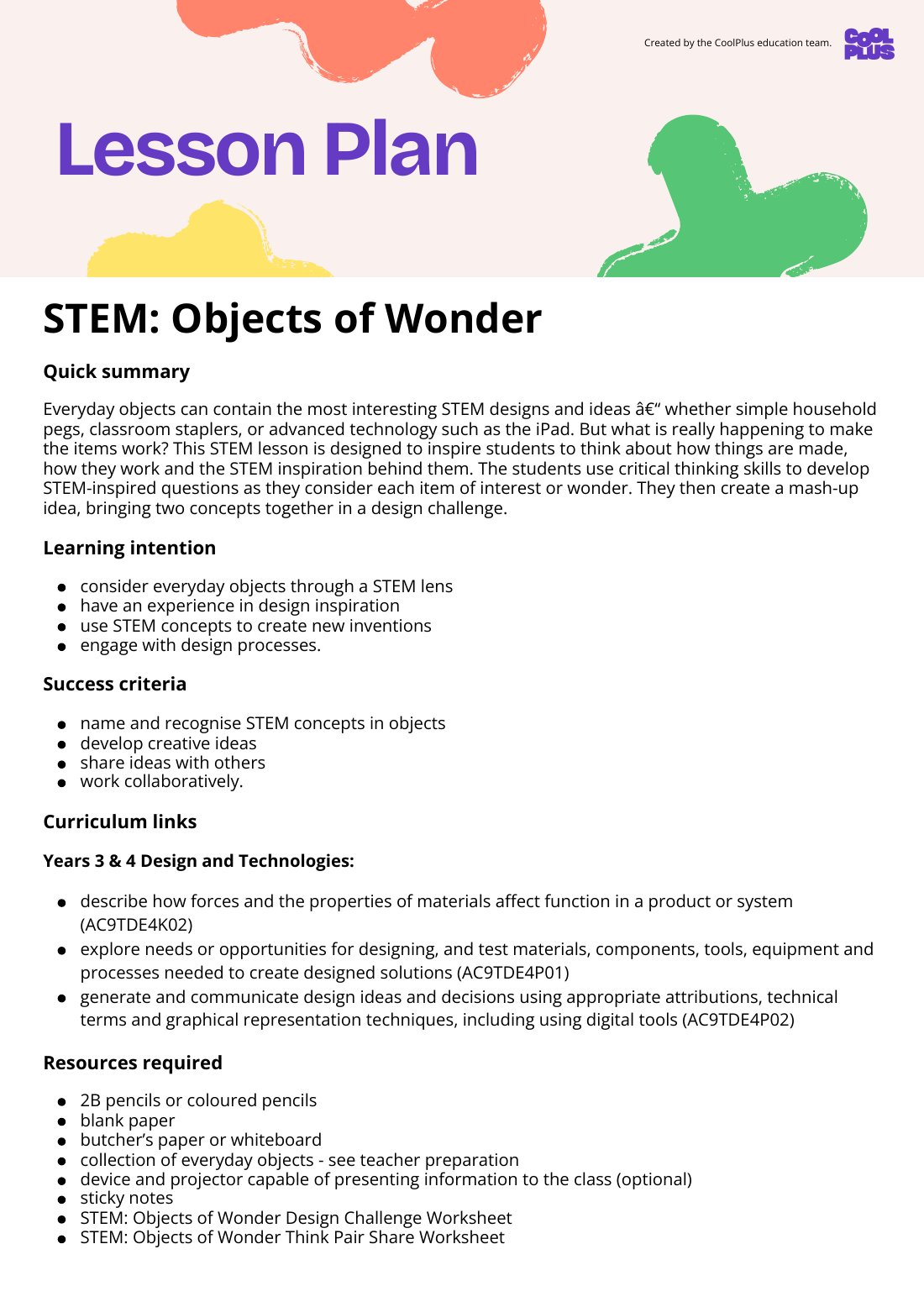 First page of STEM: Objects of Wonder Lesson Plan