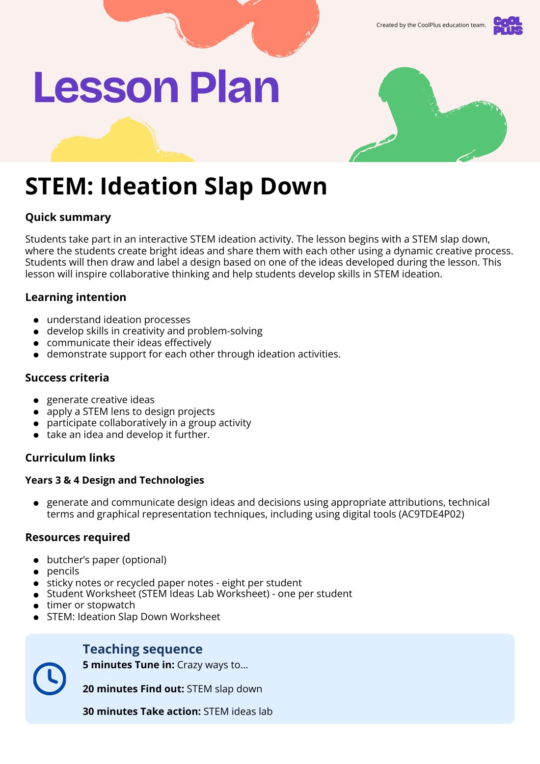 First page of STEM: Ideation Slap Down Lesson Plan