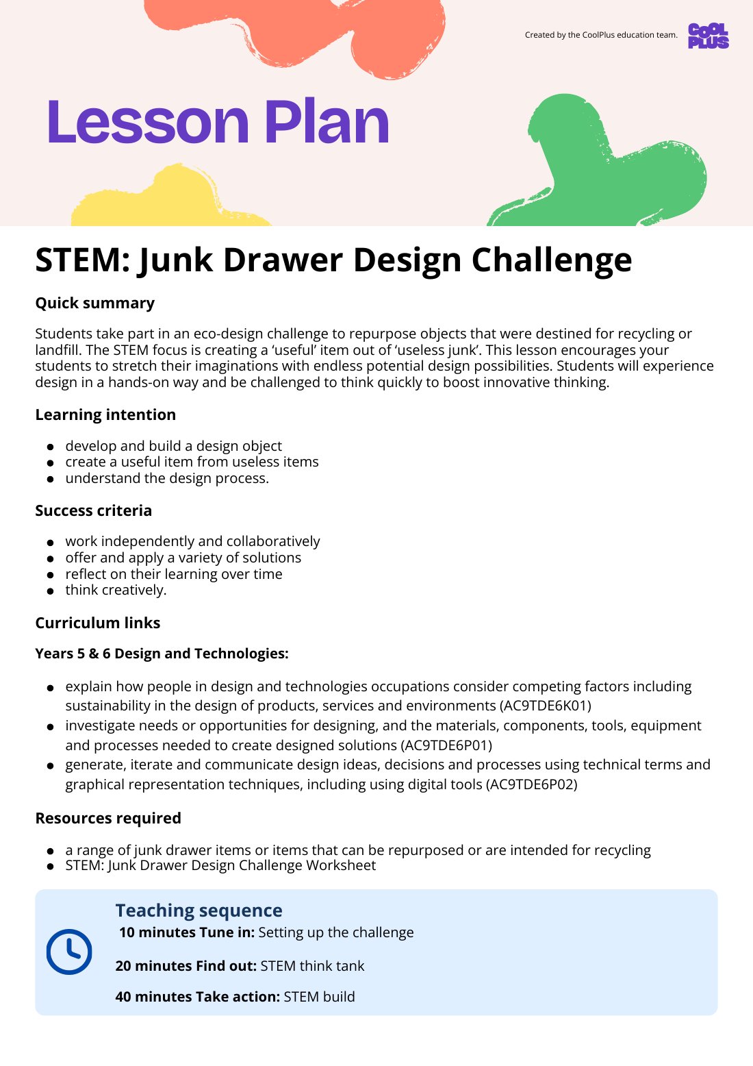 First page of STEM: Junk Drawer Design Challenge Lesson Plan